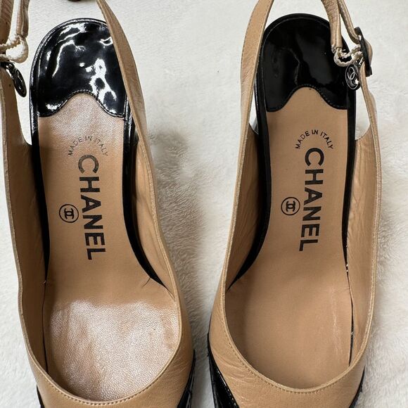 Chanel Womens Slingback Heels Mixed Media Patent Leather Quilted Beige Size 36.5 - Picture 5 of 13
